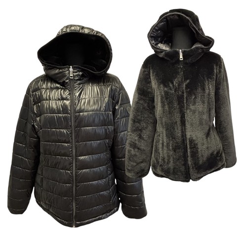 ANDREW MARC Hooded Puffer Jacket Damen L Wende Kunstfell Taschen NEU - Bild 1 von 13