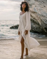 Billabong Starry Skies Maxi Dress XS White Beachy Flowy EUC Striped Vacay Angel