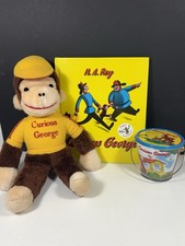 Vtg Knickerbocker Curious George 14  Plush w/ Yellow Shirt Hat, Tin Bucket,Book