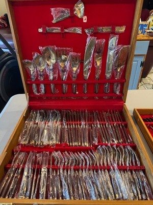Vintage Narai Thai Bronze Flatware Set 135pc Rosewood MCM Siam Service 12 NOS