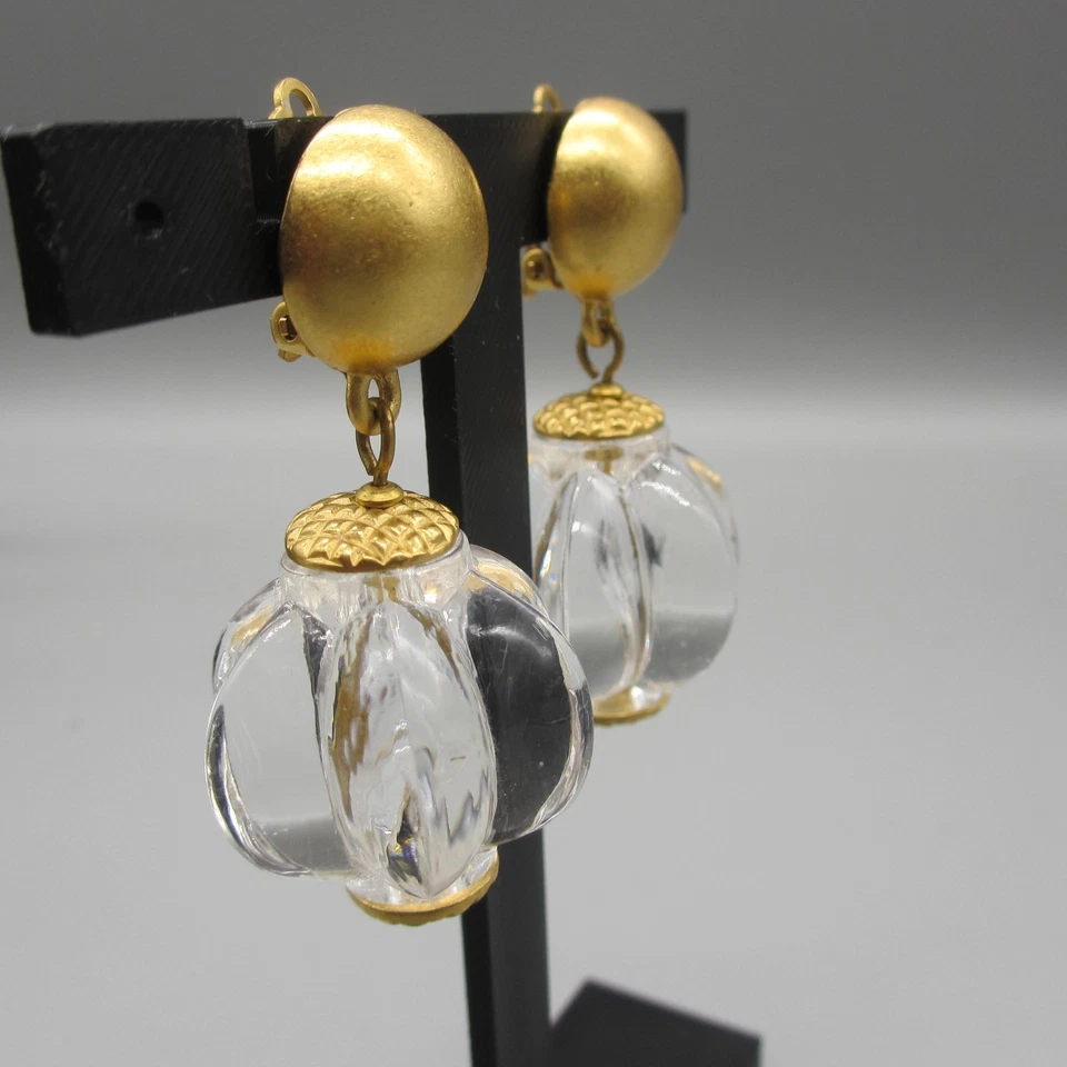 Vintage Lucite Earrings Gold Tone Chunky Statement Drop Clip On - Image 2 of 4