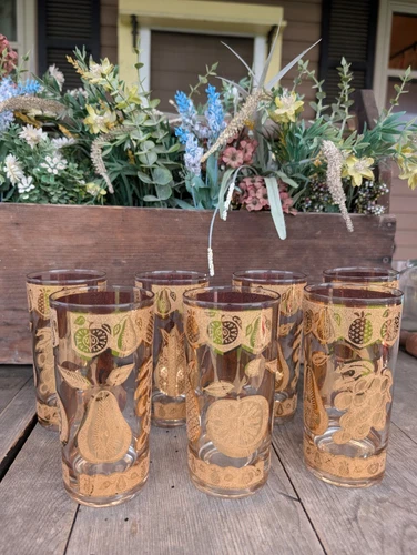 Vintage Culver Florentine 22k Gold Fruit 12.5 oz Highball Glasses (7)