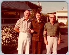 Vtg Color Snapshot Three Adults Family Glasses Polyester Suits Outdoors Jul 1976