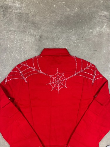 Sp5der Web Rhinestone Denim Cropped Trucker Jacket Red - 第 3/14 張圖片