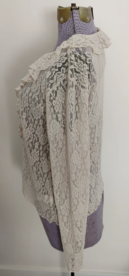 Y2K Lace Top Women's Ruffle Front & Neck Long Sleeve Coquette Blouse Ecru L - Image 4 of 4