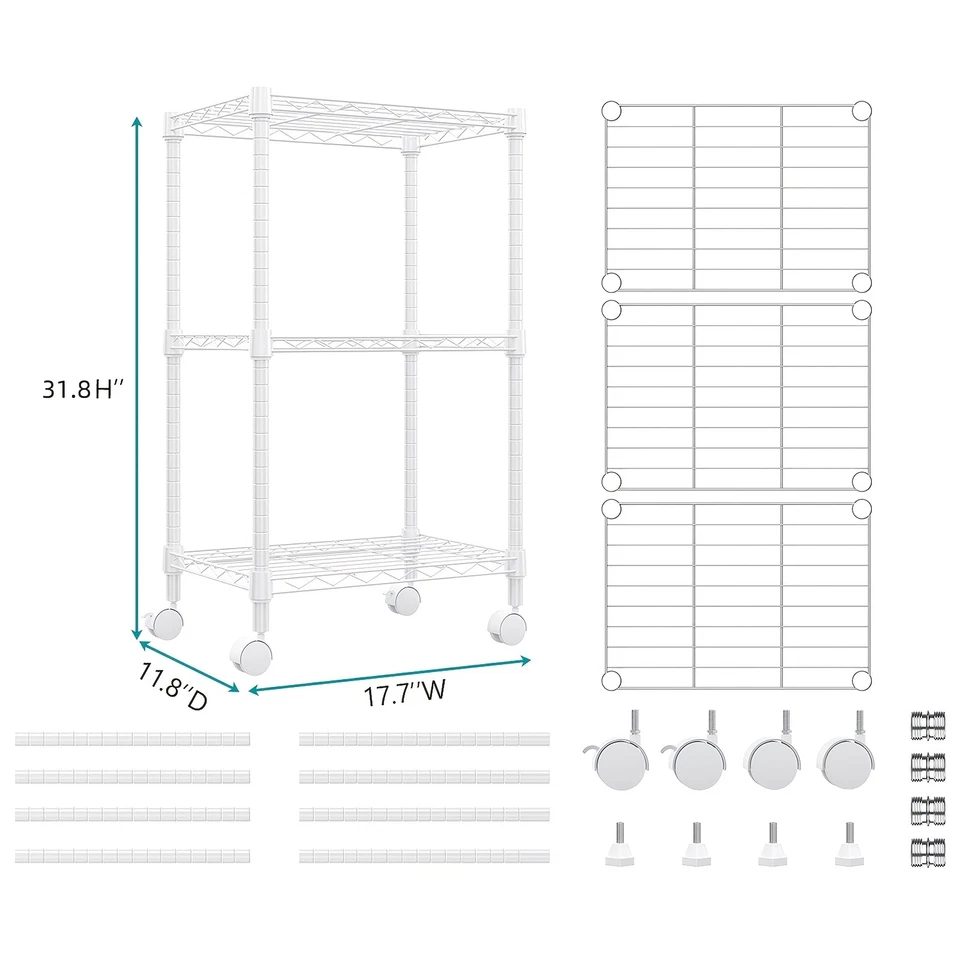 MZG 3 Tier Storage Shelf Wheel Wire Shelving Unit Kitchen Pantry Rack Shelves White