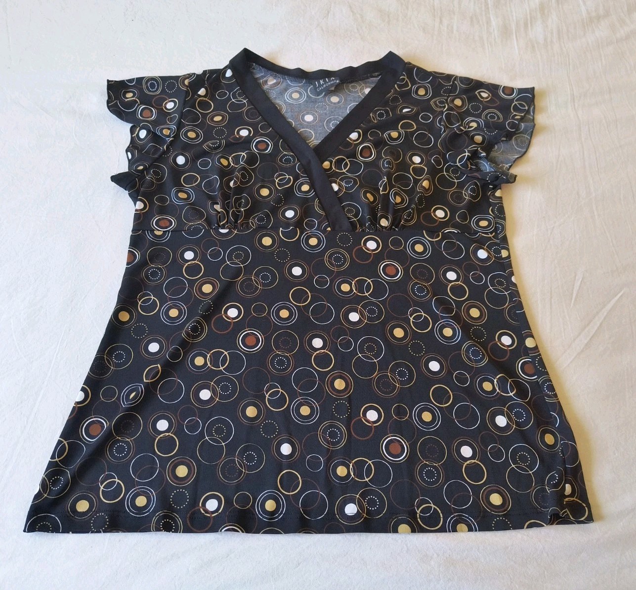 JKLA California Womens XL Babydoll Top Black Geometric Print Flutter Cap Sleeve