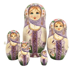 Unique Russian Nesting DOLL Hand Painted Lavender Babushka set of 5 Signed