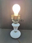 VTG Milk Glass Hobnail Night Stand Hurricane Electric  Lamp 8-1/4”