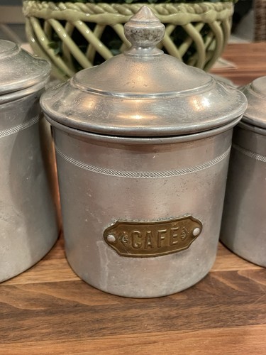 VINTAGE FRENCH ALUMINIUM CANISTER Set Of 4 Rare HTF Collectable France - Picture 6 of 21