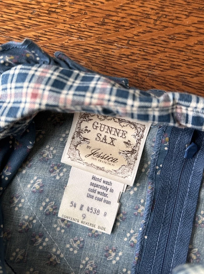 "Vestido Gunne Sax vintage años 70 índigo calicó a cuadros talla 9 27"" cintura" Foto 4 de 4