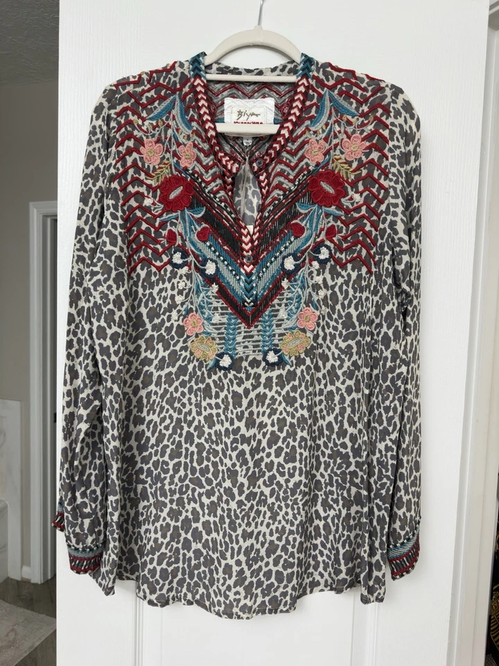 Johnny Was Biya Embroidered Boho Silk Tunic Top Blouse Women's SZ Small Popover - Image 2 of 4