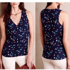 Anthropologie Maeve Womens Shirt Size 2 Turtle Terrapin Scalloped Novelty Blue
