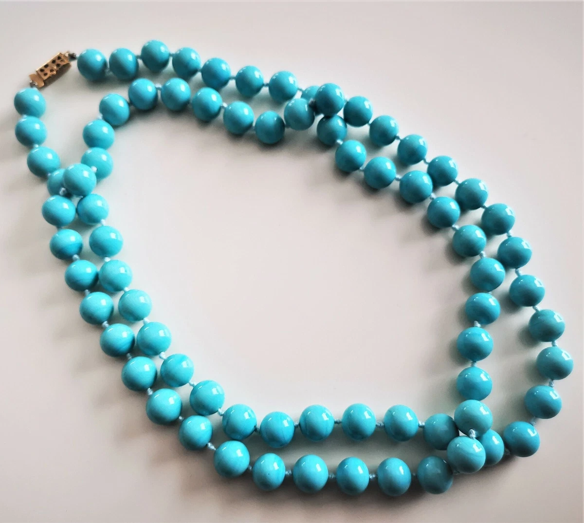 VINTAGE TURQUOISE BLUE JAPANESE GLASS 9 mm BEADS LONG NECKLACE