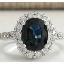 3.76TCW Genuine Blue Sapphire With Round Cut Clear CZ Halo Ring In 925 Silver