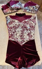 Lot Dance Costumes, Weissman, Burgundy, Biketard, Velvet, Gold, Keyhole Back NEW