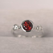 Garnet Ring Round Shaped Three Stone Ring 925 sterling silver ring Wedding Ring