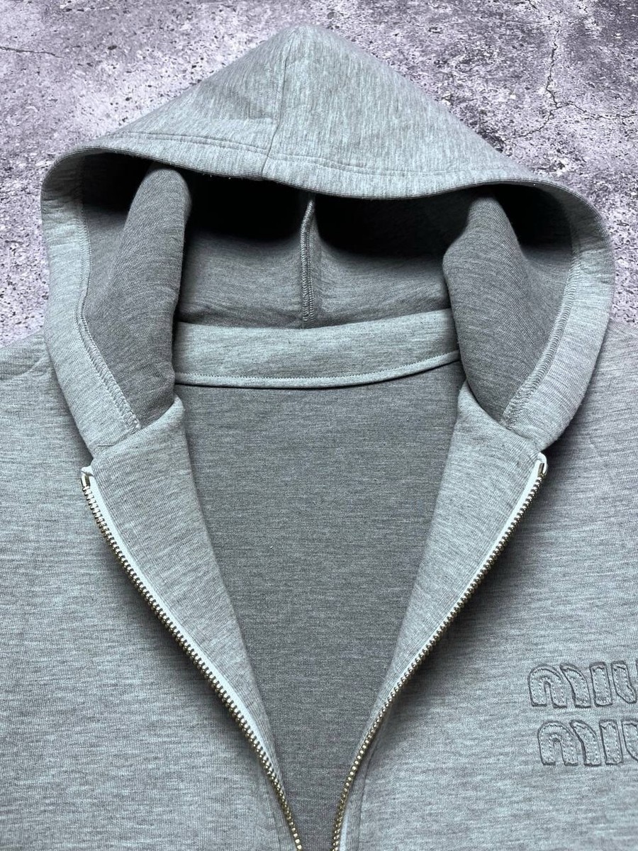 Miu Miu Men's Grey Full Zip Luxury Casual Hooded Embroidered Miu Miu Men's Grey Full Zip Luxury Casual Hooded Embroidered
