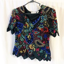 Vtg Colorful Beaded Sequin Laurence Kazar Silk Top Blouse Holiday Paisley