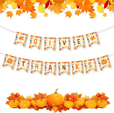 Give Thanks Banner - Happy Thanksgiving Decorations Banners, Fall Maple Leaf Pum