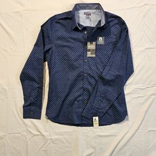 Van Heusen Men’s Slim Fit Dress Shirt Medium Never Tuck Navy Blue Paisley New