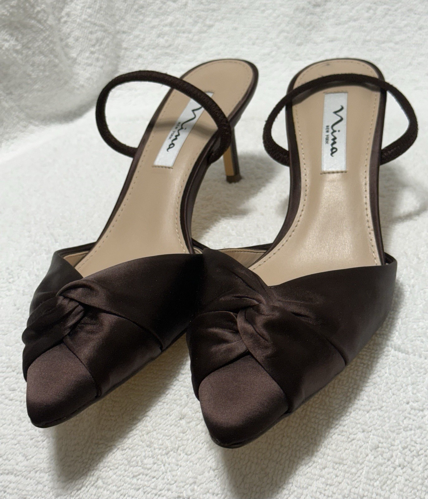 Nina New York Brown Satin Pointed Toe Knot Stiletto Pumps US 9.5 EU 39.5 M