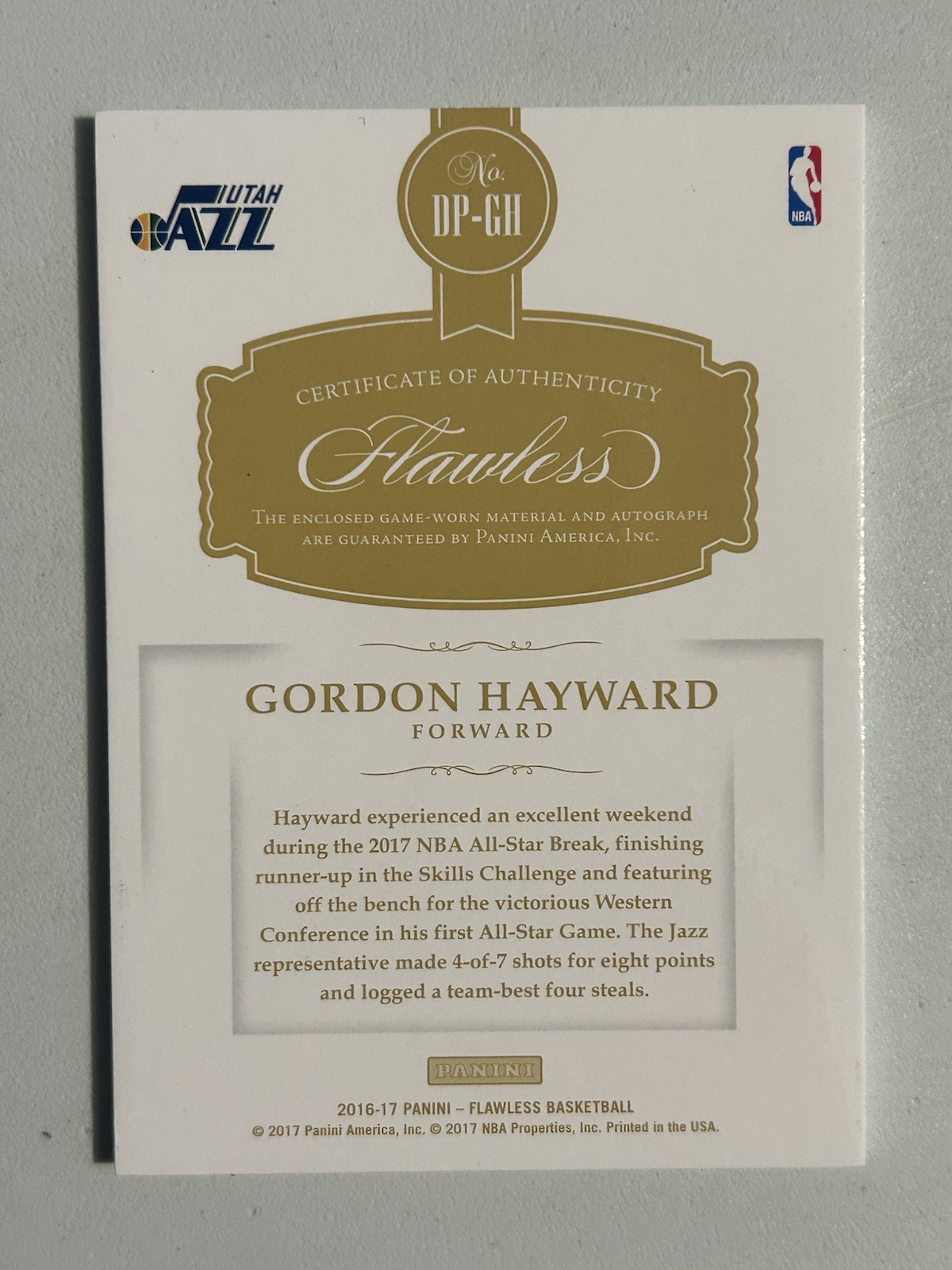 2016-17 Flawless GORDON HAYWARD Emerald Patch Auto /5 Jazz #DP-GH view 2