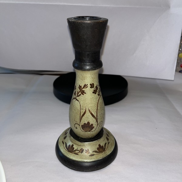Vintage Hand-painted Candlestick Made Of Turned Wood Or Ceramic 7”T