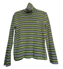 Y2K Vintage Evan-Picone Striped Turtleneck Top M Green Black White Retro 90s...