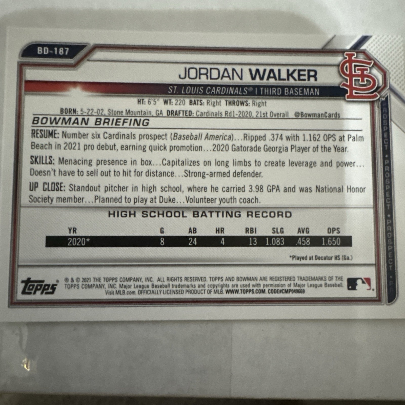 2020 Jordan Walker 1st Bowman 1st Edition Draft Rookie RC BD-187 1st Edition