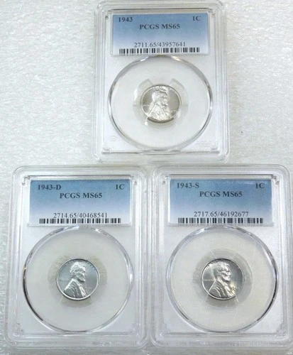 1943 P, D, S Lincoln Wartime Steel Cent PCGS MS65 Frosty set of 3 coins #L278