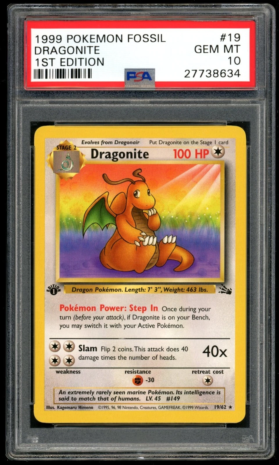 1999 POKEMON DRAGONITE 1ST EDITION FOSSIL #19 PSA 10