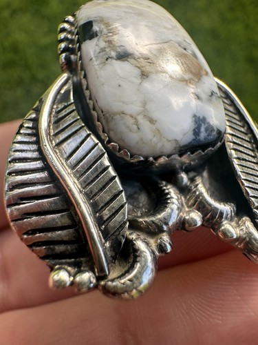 HUGE Sterling White Buffalo Ring Signed Southwestern Turquoise Adjustable Size