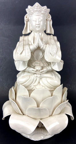 Vintage Blanc de Chine Guanyin on Lotus Porcelain Statue Marked Hong Kong