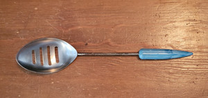 Vtg MICO Slotted Serving Spoon Turquois Blue Bakelite Bullet Shaped Handle