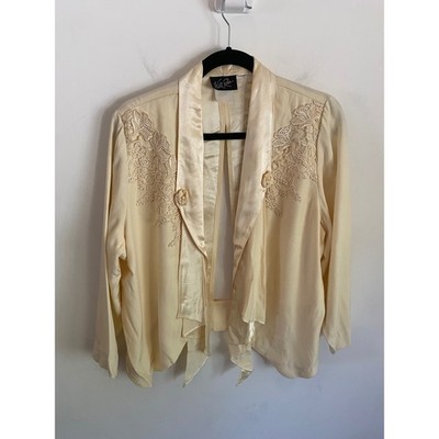 Vintage Wild Rose Cream Lace Open Back Blazer Jacket Rosette USA Made Size 16