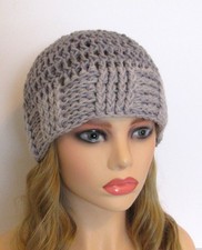 CLASSIC BEANIE HAT CAP TEXTURED EDGE SHADES OF GRAY HANDMADE CROCHET ACRYLIC