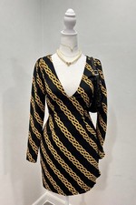 Forever 21 Black Gold Chain Print Mini Dress Long Sleeve V Neck Small