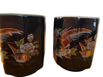 3 Vintage Black & Gold Octagon Japanese Bird Tea Cups Shaddy
