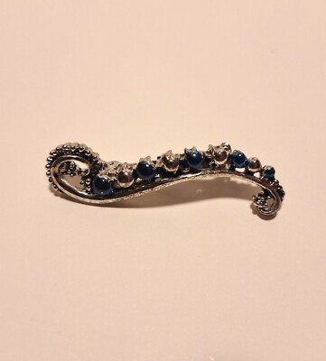 Gerry's Bar/Scroll/Curved Brooch Pin Vintage Estate Signed Silvertone/Blue 2''