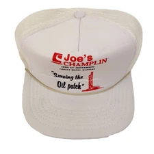Vintage Yupoong Joe's Champlin Oil Patch White Mesh Snapback Trucker Hat BROKEN