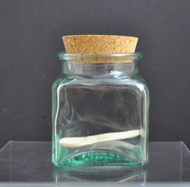 Vintage Green Square Glass Jar Canister Trinket Cork Lid Wooden Spoon 4