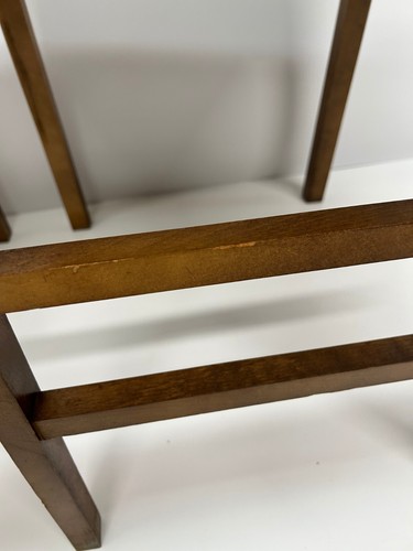 Set 2 Vtg MCM Lorraine Leg-O-Matic Wooden Folding Chairs Cane Back Black Vinyl - Picture 10 of 22