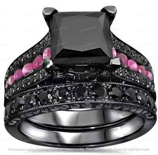 3Ct Princess Cut Lab-Created Black Diamond Bridal Ring Set 14K Black Gold Over