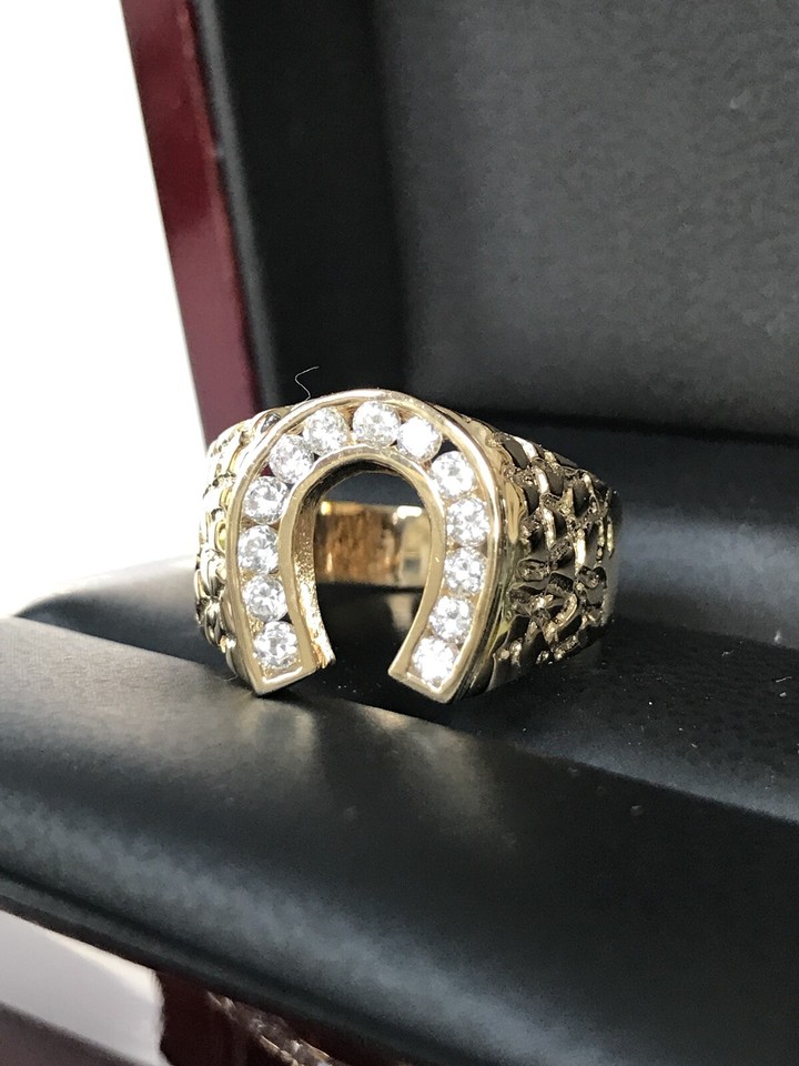 Men 14k Solid Yellow Bold Solid Gold Nugget Ring Horseshoe CZ Diamond ...