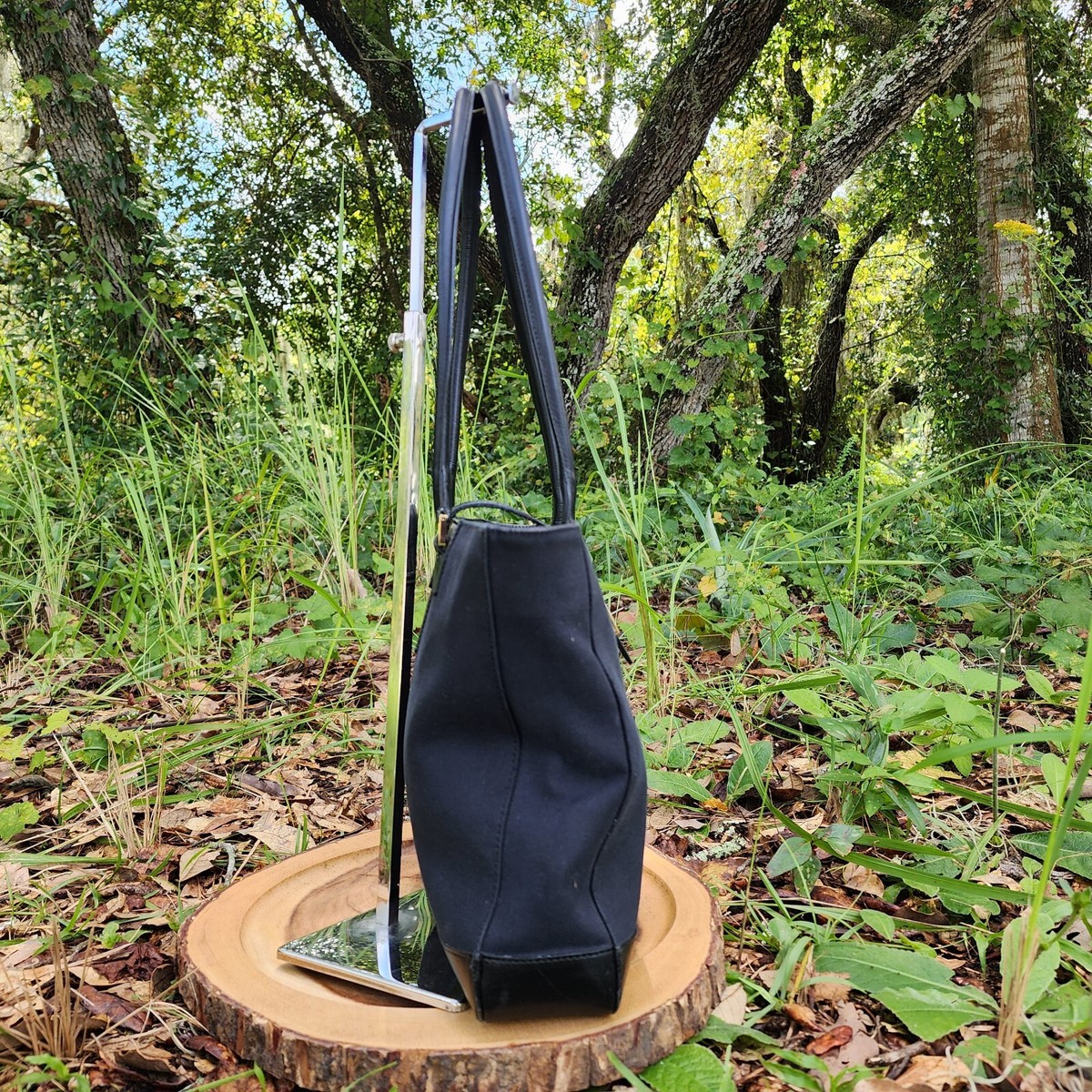 GUCCI Vintage Logo G Square Tote Bag Shoulder Bag Black Canvas