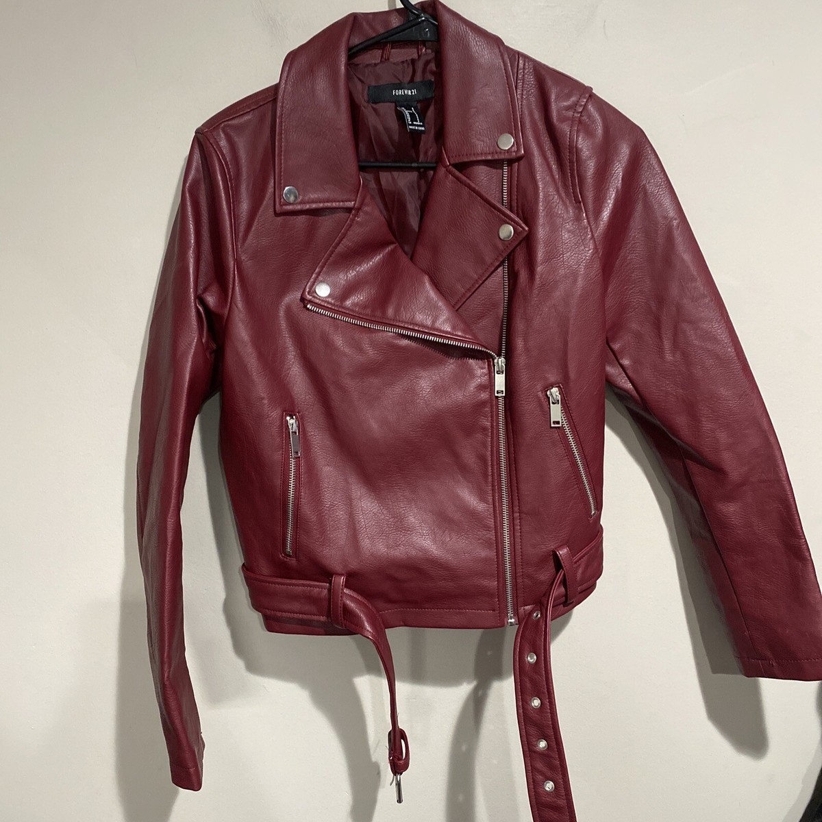 ジャケット・アウター fake leather jacket wine red Forever 21 Wine Burgundy Faux Leather Zip-Up Moto Jacket