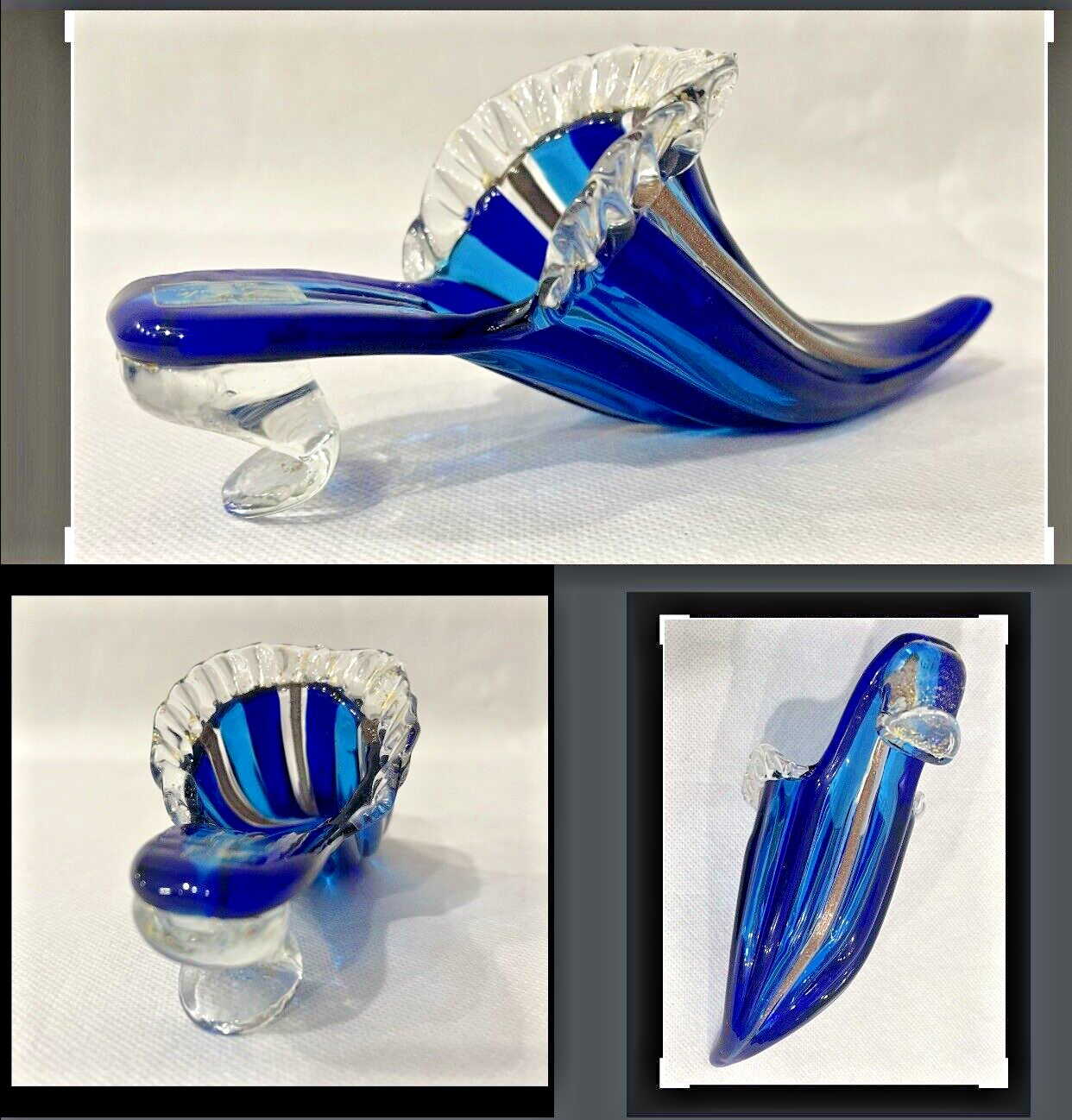 PANTOFOLA D’ORO Pantofola Vetreria Artigianale D’Este in vetro di Murano a righe oro blu chiaro e scuro