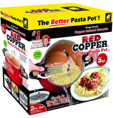 Red Copper Infused Non-Stick Ceramic 5 Qt Pasta Pot 2pc Cook & Strain Set (NEW!)