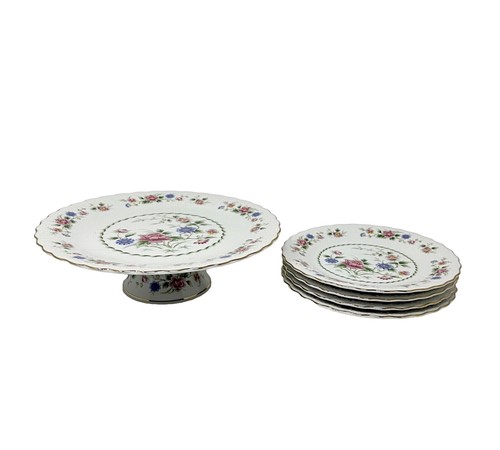 ホール有　プレート♡ Vintage Cake Plate And Server Pink Rose W/ Blue Baby Breath Floral